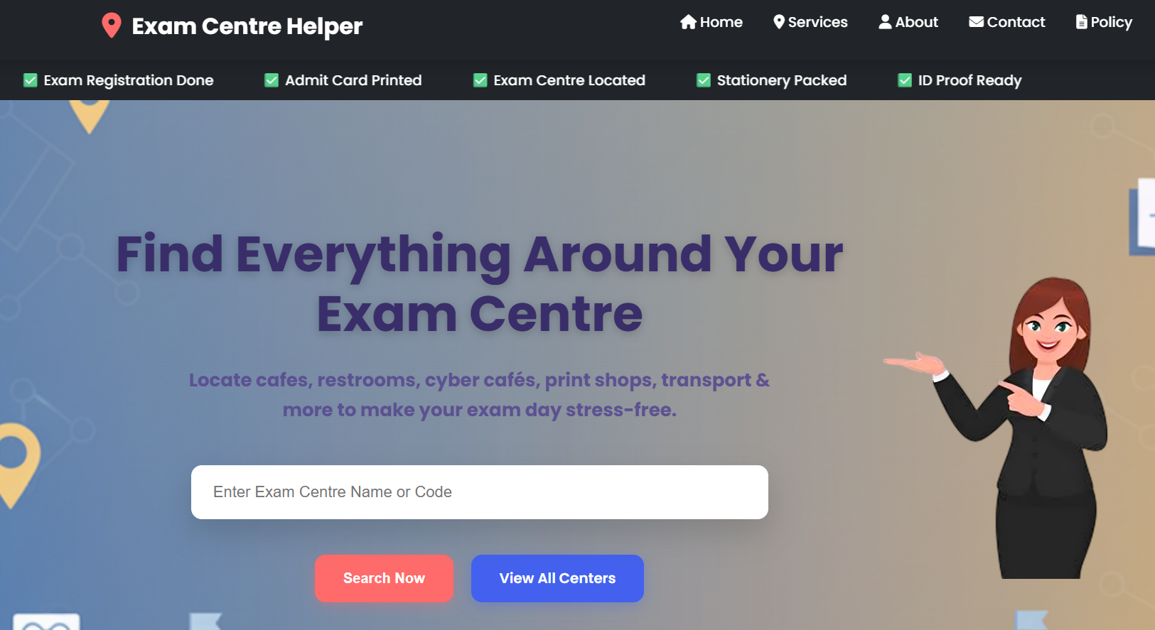 Screenshot of the Exam Center Help website with maps and exam center information