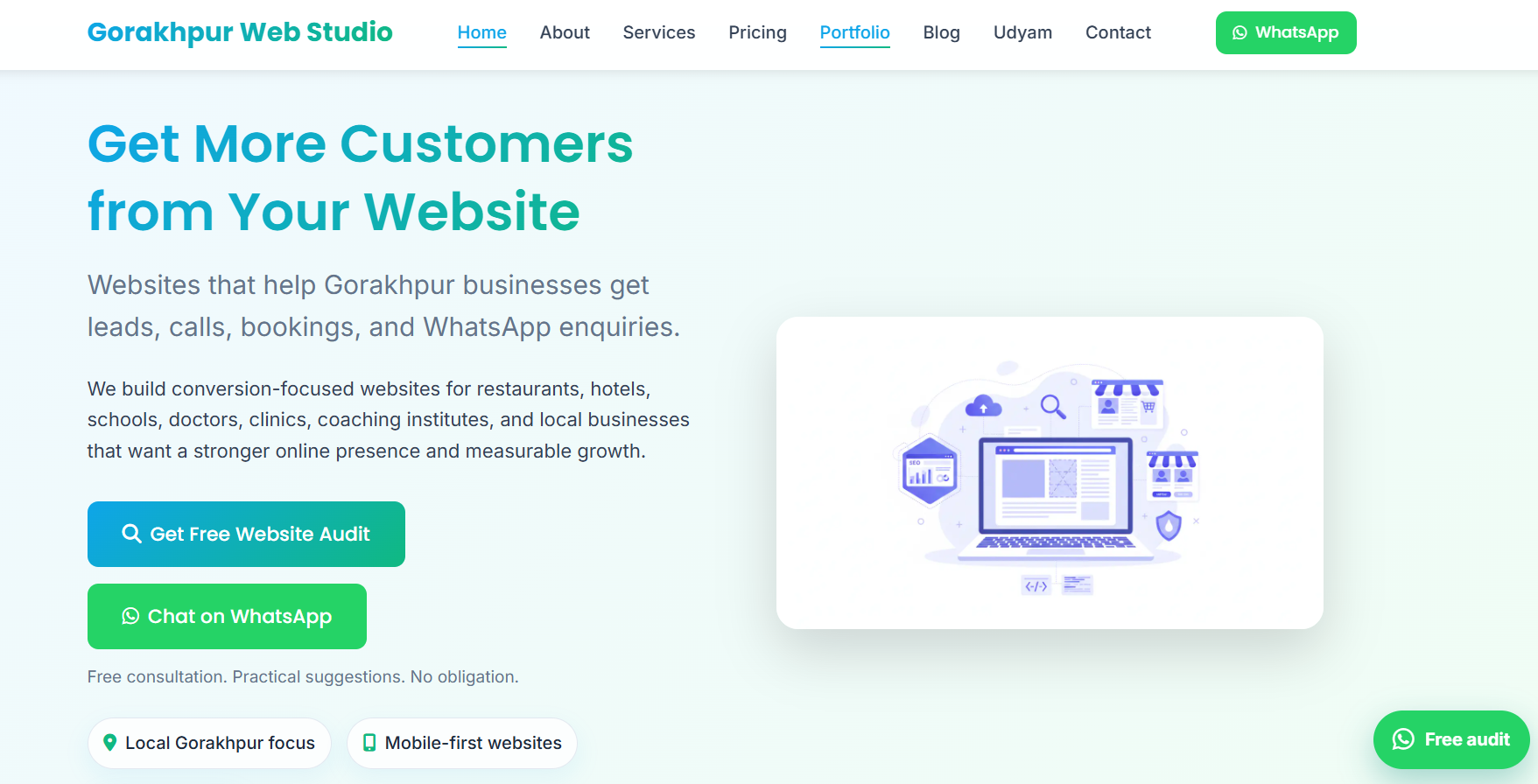 Screenshot of the Gorakhpur Web Studio website with agency-style landing content